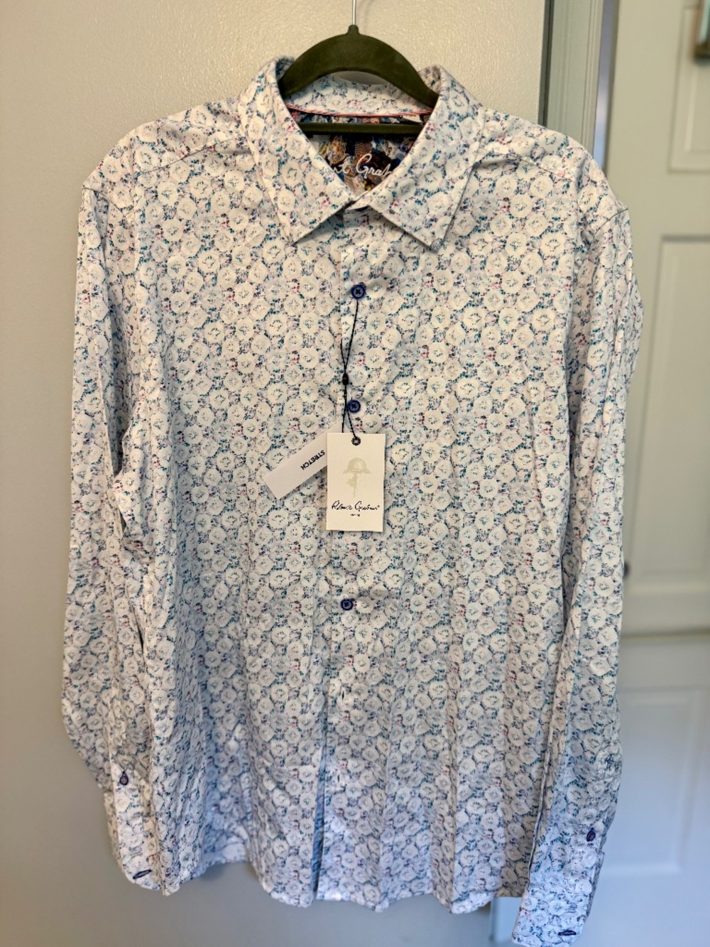 Robert Graham Mens Long Sleeve Dress Shirt White Blue Paisley L Tailored Fit NWT